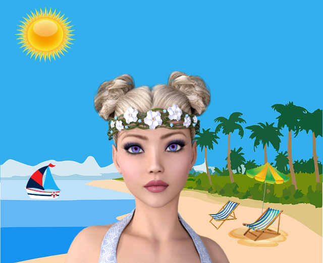 Красивая девушка (няшка) на пляже. Солнце, парусник, пальмы, шезлонги, зонтик